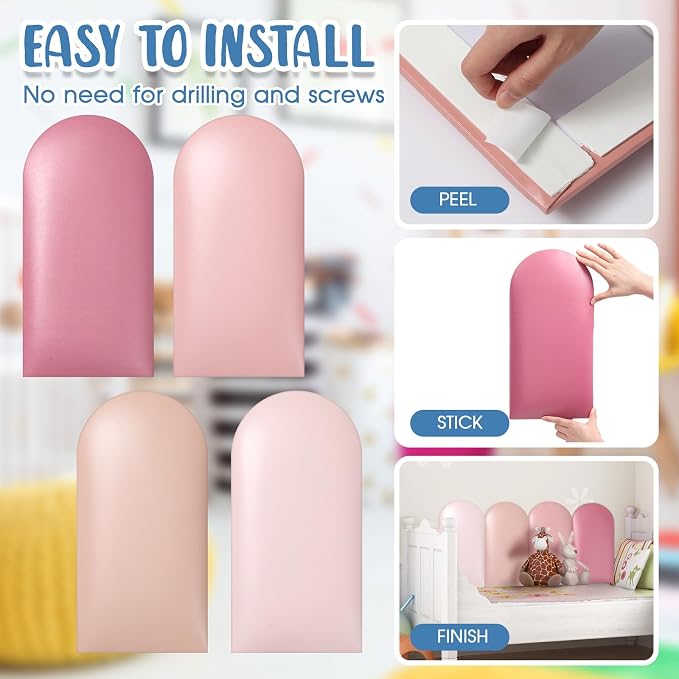 Jetec 4 Pcs Kids Wall Padding Panels, 1.18 Inch Thick Foam Wall Protector, 15.75 x 7.87 Inch Soft 3D Pink Safety Panels for Nursery & Playroom - Image 4