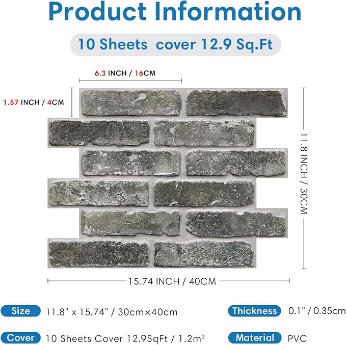 COMSTICKC 3D Faux Brick Wall Panels Peel and Stick, 10 Pcs 15.7" x 11.8" | Gray, Not Real Brick, Lightweight Thin PVC Wallpaper, Fake Brick Wall Sticker for Quick DIY Wall Upgrades, Cover 12.9 sq ft - Image 5