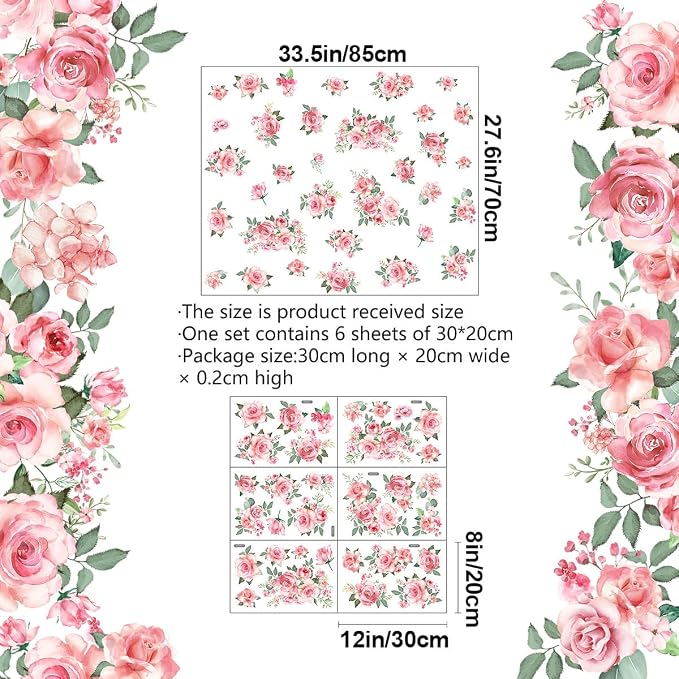 Pink Flowers & Green Leaves Wall Decals - Removable Peel & Stick Garden Floral Wall Stickers for Bedroom & Living Room - Image 2