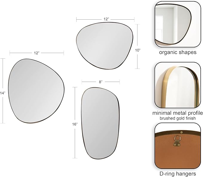 Kate and Laurel Rollo Modern Irregular Metal Wall Mirror Set, Set of 3, Varying Sizes, Gold, Decorative Three-Piece Asymmetric Mirror Set for Use as Bathroom Mirror Decor or Gallery Wall Mirrors - Image 2