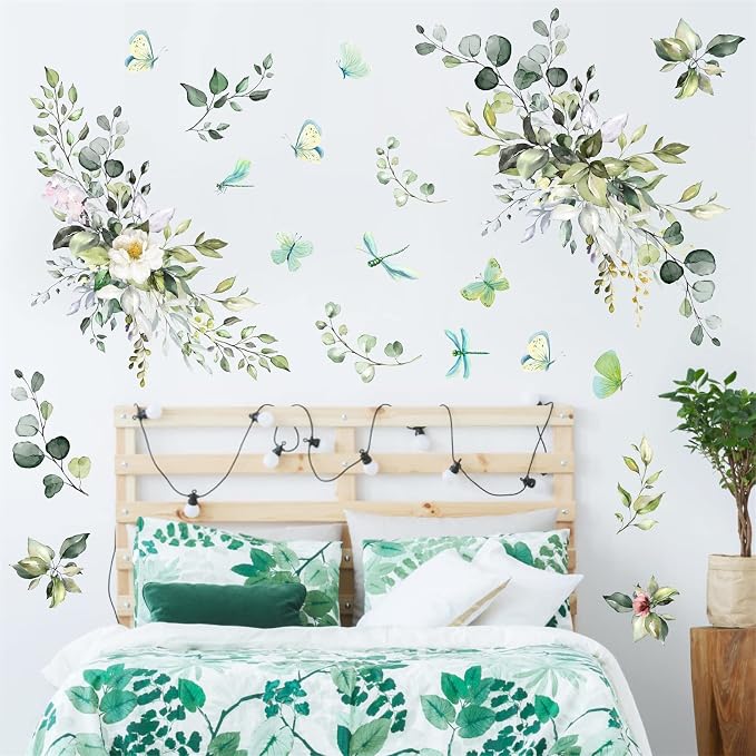 Green Leaves Wall Decals Hanging Vines Butterflies Art Mural Peel and Stick | Wall stickers, removable vinyl art mural, rustic plants, modern botanical, for living room bedroom bathroom nursery farmhouse - Image 4