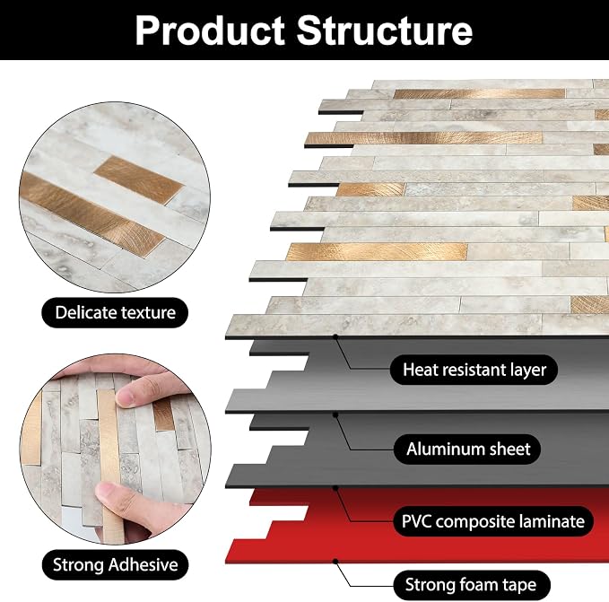 KASARO 6-Sheet Peel and Stick Backsplash Tiles for Kitchen, Marble Beige with Vintage Golden Embellished Stripes, Self-Adhesive Aluminum Wall Tile Stick on Bathroom, Fireplace, RV - Image 6