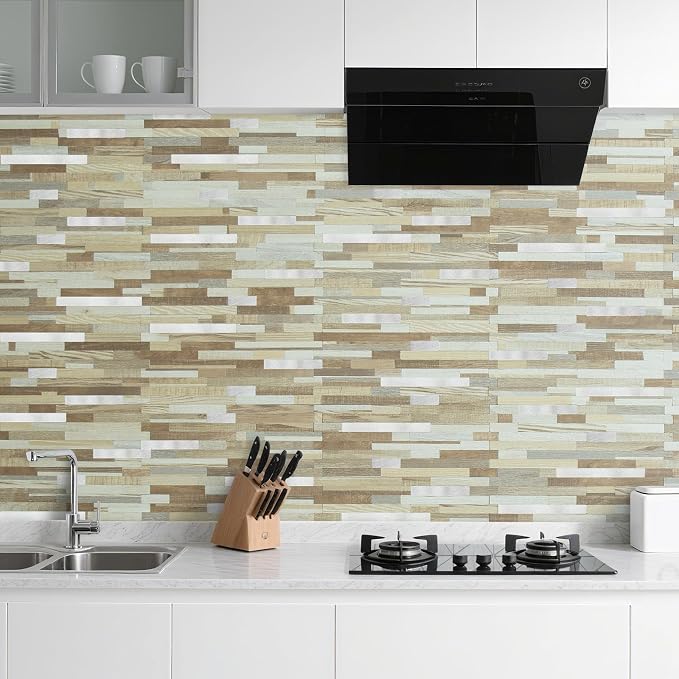 AULIGET 20 Sheets Beige & Brown Wood Peel and Stick Backsplash, PVC Mixed Metal Silver Wall Tile Stick on Backsplash for Kitchen and Bathroom - Image 6