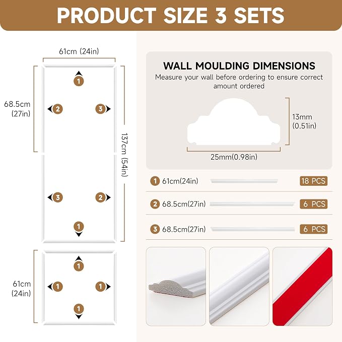 INMOZATA Pre-Cut Peel and Stick Wall Molding Wainscoting Panels, 54" x 24" | Strong Adhesive, Paintable, Easy to Install, Ideal for Interior Wall Decor Living Room Bedroom Hallway - Image 5