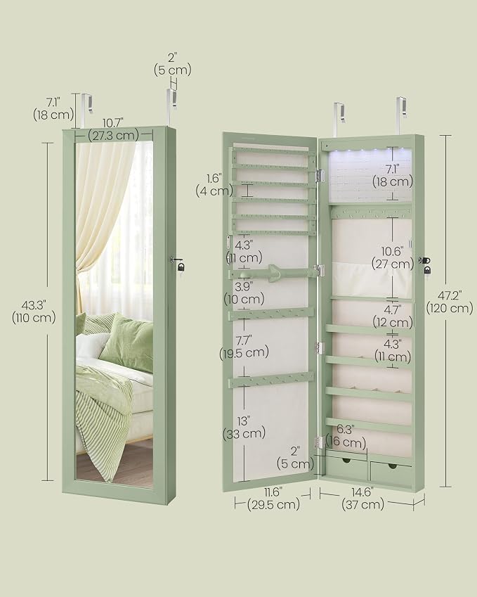 SONGMICS 6 LEDs Mirror Jewelry Cabinet, 47.2-Inch Tall, Lockable - Image 5