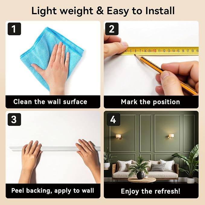 Upick Peel and Stick Wainscoting Pre-Cut Wall Molding Kit, 20"x50", 6-Frame | PS Panels,Moisture Resistant,Pre-Primed,DIY Installation,Accent Walls,Living Room,Hallway,Bathroom,Trim for Walls - Image 8