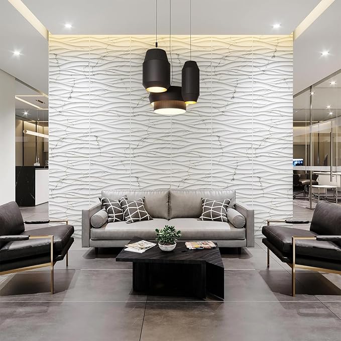 STICKGOO Wave 3D Wall Panels, White Marble, 19.7" x 19.7" | PVC Accent Wall Panels for Interior Wall Decor, Living Room, Lobby Bedroom Office, Pack of 12 - Image 3