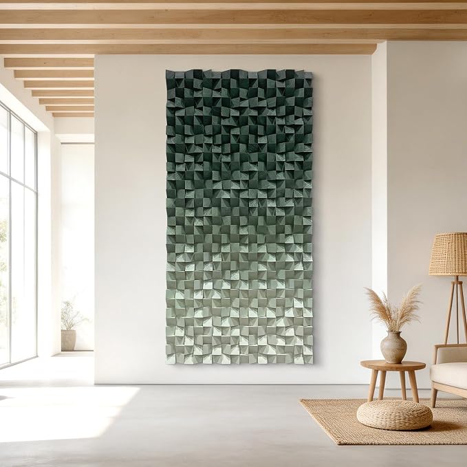 LIUZEYUE Large Green Wood Wall Art Featuring Deep-to-Light Pine Texture | bedroom wall art; muted sage and cream, tactile wood mosaic; hotel waiting-area seating backdrop; 35.4 x 70.9 in - Image 7