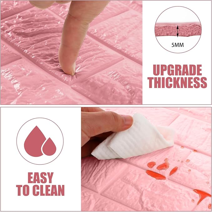 Tinlade 30 Pcs 3D Wall Panels Peel and Stick Wallpaper Foam, Elegant Pink | Faux Brick Stone Tiles, Covering 28.8-48.4 Sq ft, Self Adhesive Waterproof Panels for Bedroom Living Room Kitchen Walls - Image 4