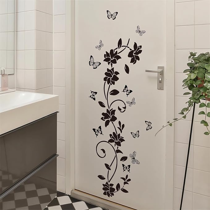 Black Flower Vine Butterfly Wall Stickers Floral Wall Art Decals | Simplicity Minimalist Removable Vinyl Peel and Stick for Bathroom Living Room Bedroom Home Decor - Image 2