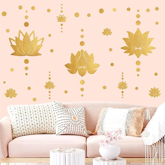Lotus Flower Wall Decals Golden Wall Stickers Modern Yoga Room Art Sticker | Lotus wall art decor, peel and stick, gold removable vinyl art mural, mandala decoration, for bedroom living room nursery - Image 3