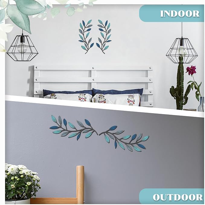 Zhengmy 2 Pcs Metal Leaf Wall Art Vine Branch Decor,Vintage Blue | Olive Branch Metal Decor for Living Room Hallway, Symmetrical Leaf Pair for Doorway Entryway, Lightweight Hanging Art Design - Image 4