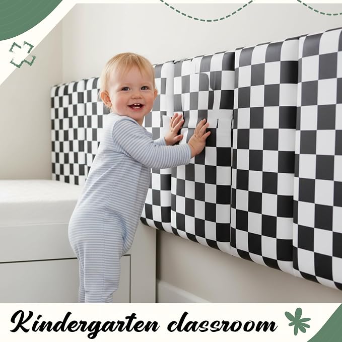 Hahafelt 4 Pack Wall Padding for Playroom Peel and Stick Headboard 15.75" x 7.87" x 1.18" 3D Anti Collision Upholstered Wall Panels Self Adhesive Headboard Panel for Protection (Black White Checkered) - Image 6