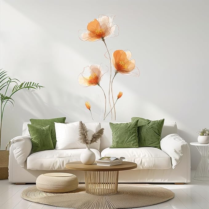 ANNA QUEEN Minimalist Orange Flower Wall Decals Peel and Stick Modern Floral Wall Stickers Removable Vinyl Botanical Wall Decor for Living Room Bedroom Hallway Elegant Wall Art by ANNAQUEEN