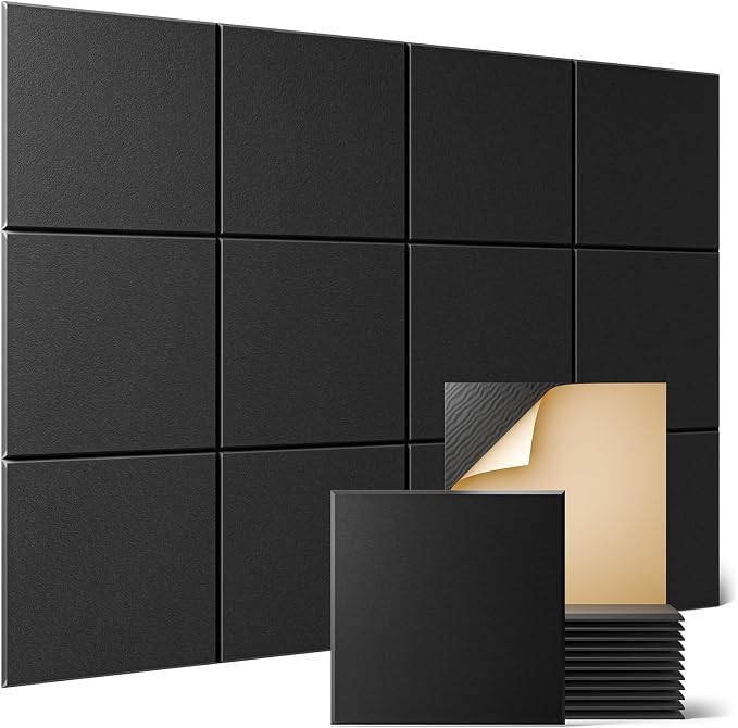 Sonicism 8 Pack Acoustic Wall Panels with Self-Adhesive, 12" X 12" X 0.4" Sound Proof Foam Panels, Decorative Soundproof Wall Panels, Sound Proof Absorbing Tiles for Home & Offices, Black by Sonicism