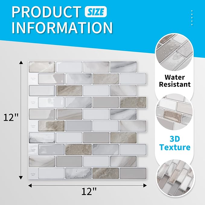 Art3d 10-Pack Marble Peel and Stick Backsplash, 12 x 12 in, Beige & White | Strong Adhesion, Lightweight, Cuttable, Waterproof, Fadeless, Crack Resistant, for Kitchen, Bedroom, Ideal for Recently Moved - Image 5