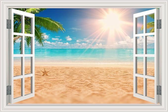 Fake Window Wall Decal- Summer Beach Ocean Palm Tree Open Wall Art Sticker | Faux Window Natural Scenery Landscape Mural ｜ Stick and Peel Wall Decals｜Room Bedroom Office Decor｜48"x32",Set of 2 Sheets by Clickhere