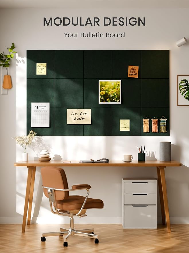 Bumusty 48"x 36" Large Felt Bulletin Board Tiles, Pine Green | 12-Pack Cork Board Alternative, Wall Decor, 30 Pushpins, 60 Adhesive Tabs, Vision Board, Office, Classroom, Home, Dorm - Image 7