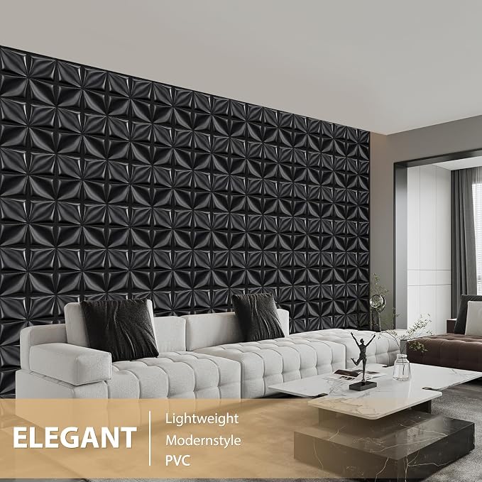 Heikki 30 Pack 3D Wall Panel for Interior Wall Décor, PVC Flower Textured Wall Panels for Living Room Bedroom Hotel Office, 11.8"x11.8", Double-Sided Tape (Black-SYH) - Image 5