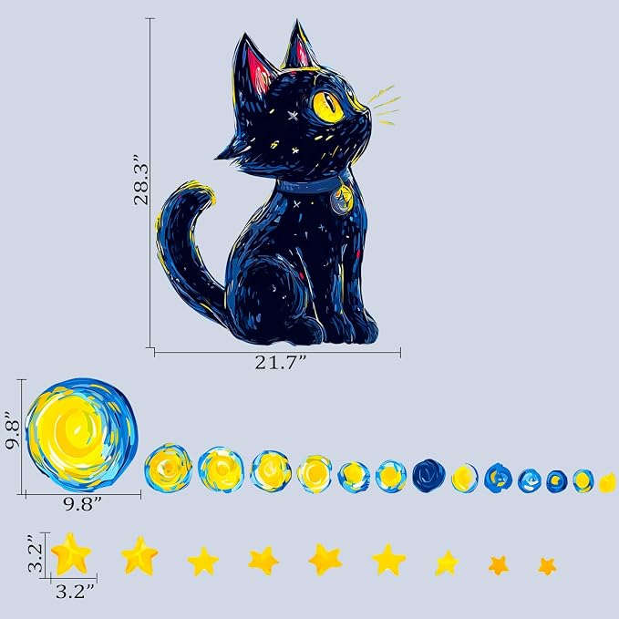 Starry Night Sky Cute Black Cat Removable Wall Decals Peel and Stick | Van Gogh wall decor with swirling moon & stars, vinyl wall art for kids bedroom, living room, residue-free for renters - Image 2