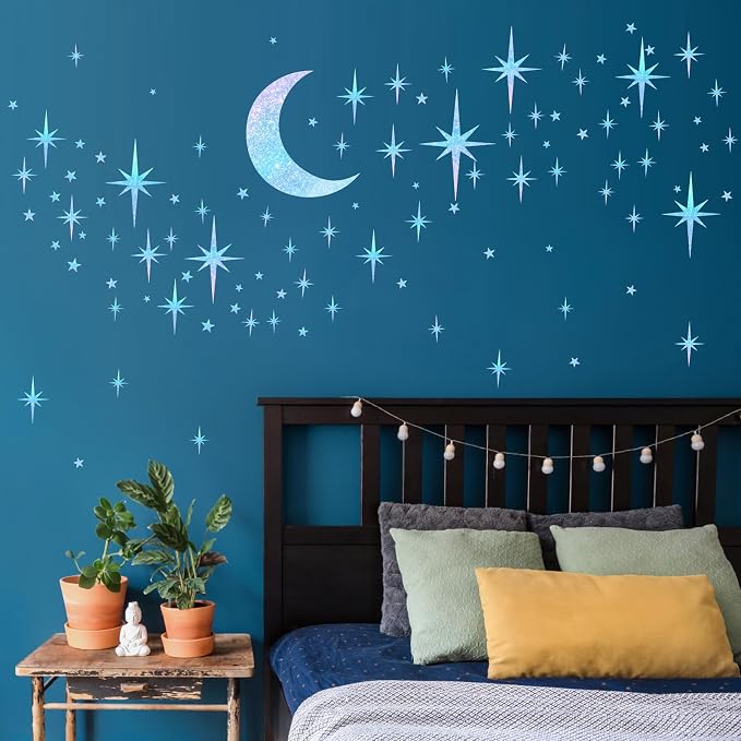 Retro Star Moon Wall Decals Sparkle Art Stickers Mid Century Modern Decor | Blue star and moon decor, peel and stick, removable vinyl art murals wallpaper, for ceiling baby boy girl bedroom living room - Image 8