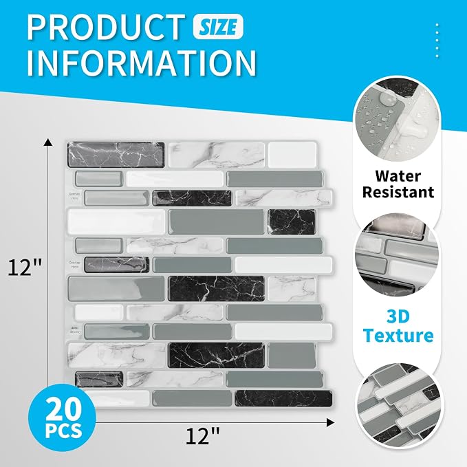 Art3d 12 x 12 Inch Vinyl Peel and Stick Backsplash, 20-Pack, Marble Grey | Waterproof, Lightweight, Self Adhesive, Easy to Install, No Residue, for Kitchen & Bedroom Decor, Ideal for Recently Moved - Image 5