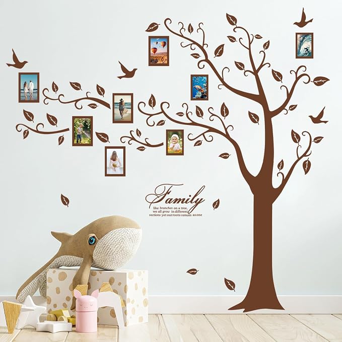 Large Family Photo Tree Wall Sticker 3D Peel and Stick Vinyl Photo Frame Tree Wall Decals Removable Quotes Leaf and Birds Wall Decor for Home Kids Bedroom Living Room Classroom Nursery (Left, Brown) - Image 4