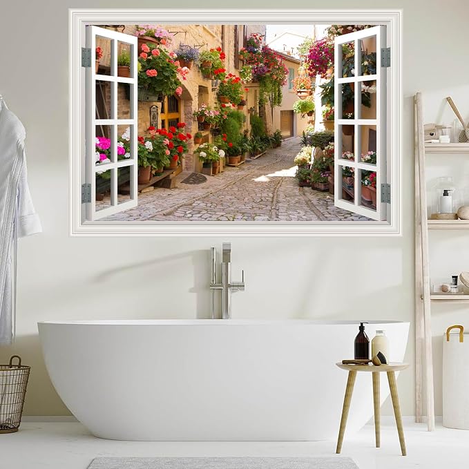 Fake Window Wall Decals Spring Italy Rose Alley Flower Wall Art Sticker | ｜Faux Window Natural Scenery Landscape Mural ｜ Stick and Peel Wall Decal｜Room Bedroom Office Decor｜Large Murals 66"x48" - Image 3