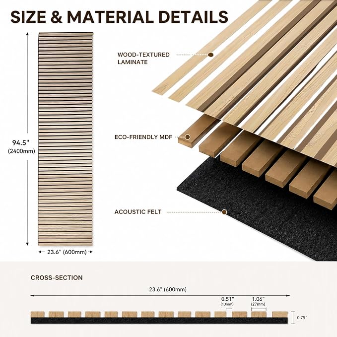 Acoustic Wood Panels for Wall,3D Flexible Fluted Sound Slat Panel (Oak) | Soundproof ,Absorbing,Noise Cancelling,94.5 x 23.6in - Image 2