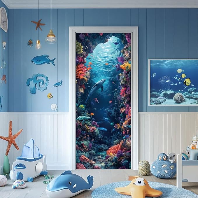 arricraft 2 Pcs Self-Adhesive Door Sticker, 31.5"x78.7" Sea Creature Door Murals Stickers Dolphins PVC Door Removable Wallpaper Decoration for Bedrooms ​Living Room - Image 6