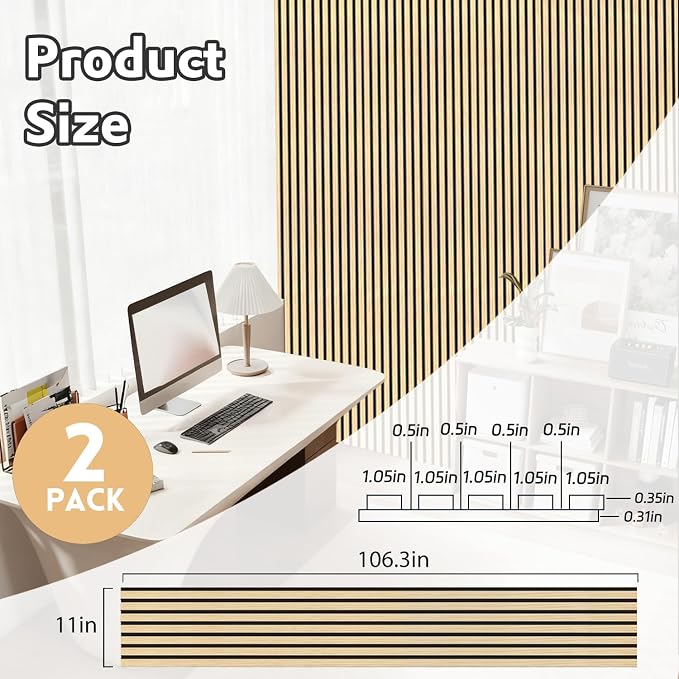 2 Pack Wood Panels for Wall, 106.3" × 11" Wood Slat Acoustic Panels for Wall, Soundproof Panels, 3D Fluted Panels for Interior Wall Decor (Oak) - Image 2