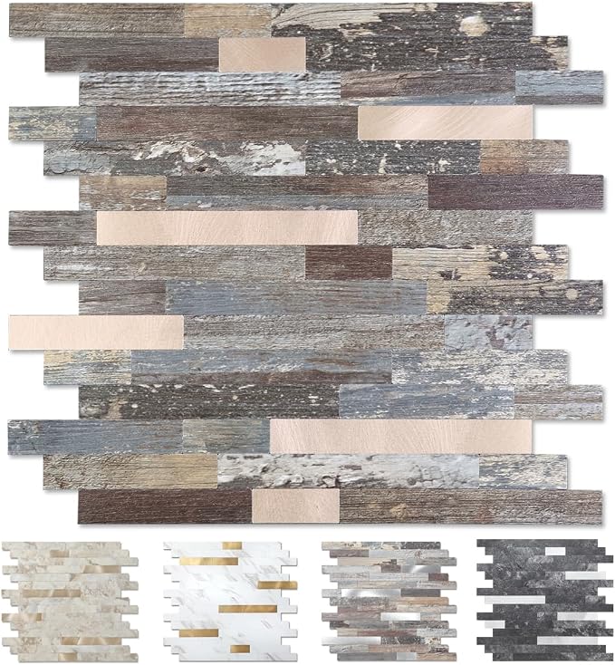 Yipscazo 5 Sheets Peel and Stick Wood Metal Tile Backsplash, Stick on Tiles for Backsplash Kitchen, Bathroom, Laundry Room, Camper, Fireplace (12'' X 12'', Mix Rustic with Gold) by Yipscazo