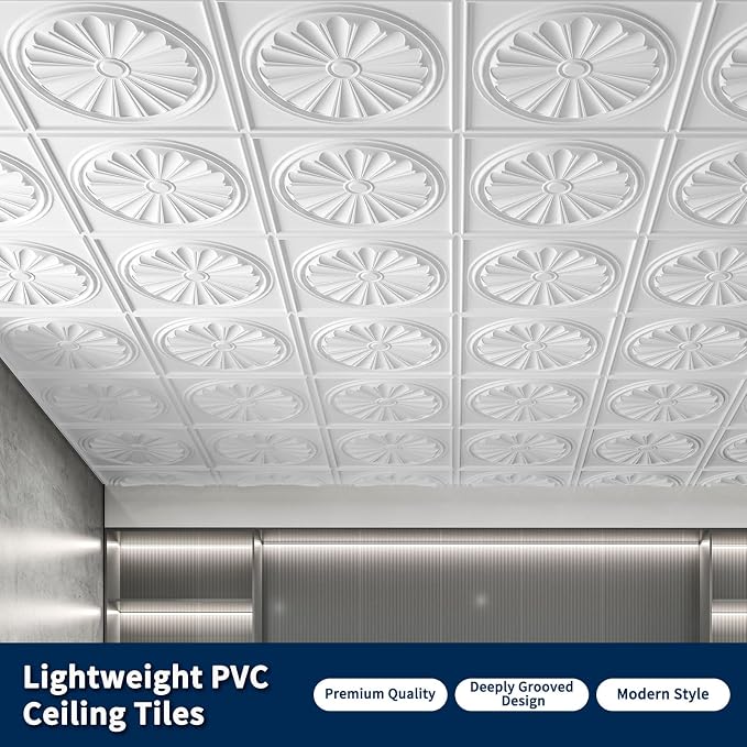 Art3dwallpanels Ceiling Tiles 12 Pack, 24 x 24 Inch, White | Drop Ceiling Tiles, High Grade PVC, 3D Wall Panels for Interior Wall Decor, Fire Rated, Waterproof, Light Weight - Image 4
