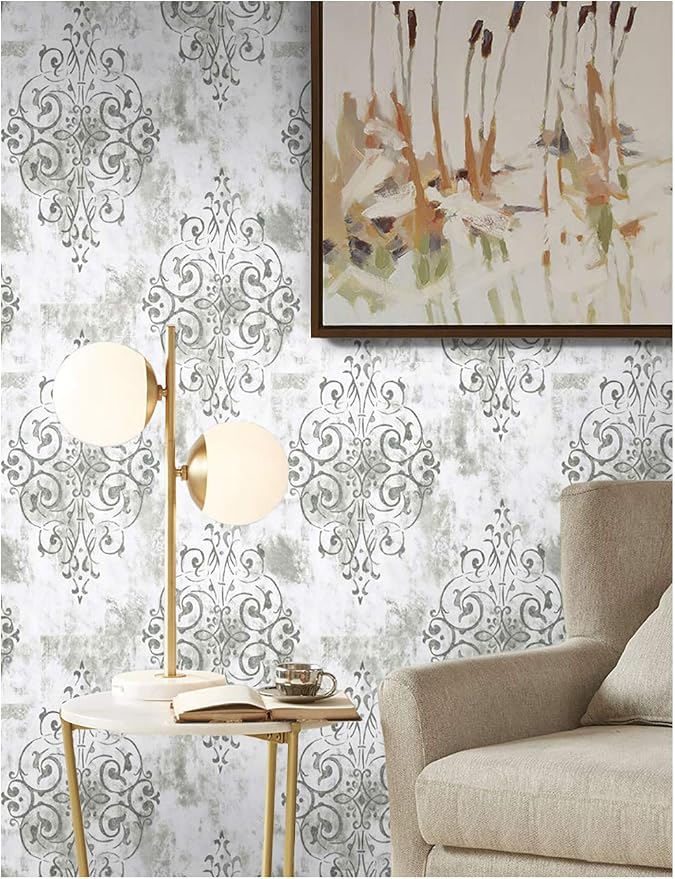 HAOKHOME White Gray Damask Peel and Stick Wallpaper Vintage Victorian | Textured Removable Wall Paper Victorian Farmhouse French Country Waterproof Neutral Brown Bathroom Bedroom 17.3in x 9.8ft - Image 3