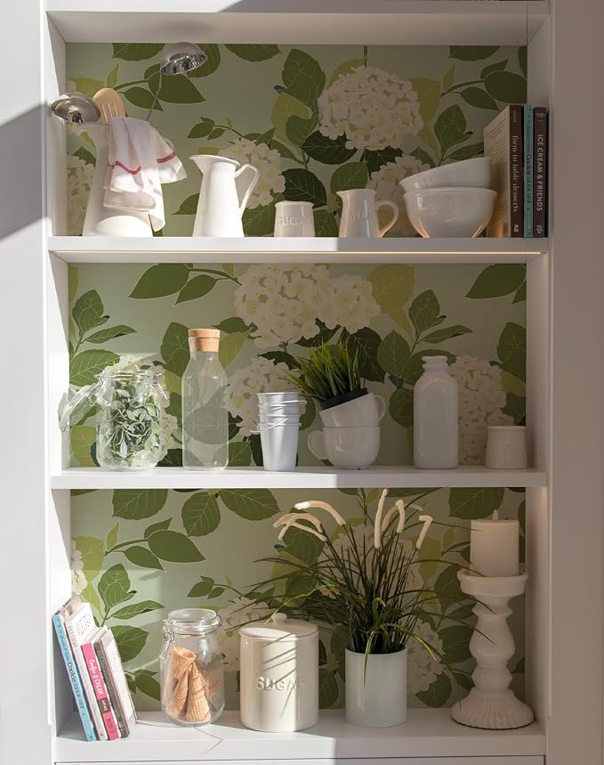 Floral Peel and Stick Wallpaper Self Adhesive Hydrangea Wall Paper French Country Cream Stick on Wallpaper for Bedroom Wall Decor Elegant Mural (Green Hydrangea, 472.44“ X 17.4") - Image 5
