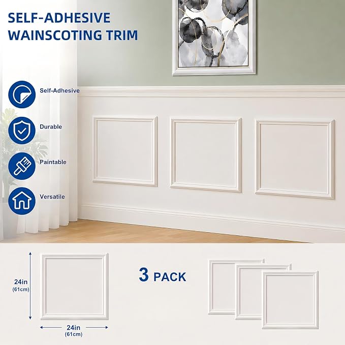 3 Set Peel and Stick Wall Molding Kit,Pre Cut Wainscoting Panels,24x24in | Self Adhesive,Paintable,PVC,Premade - Image 6