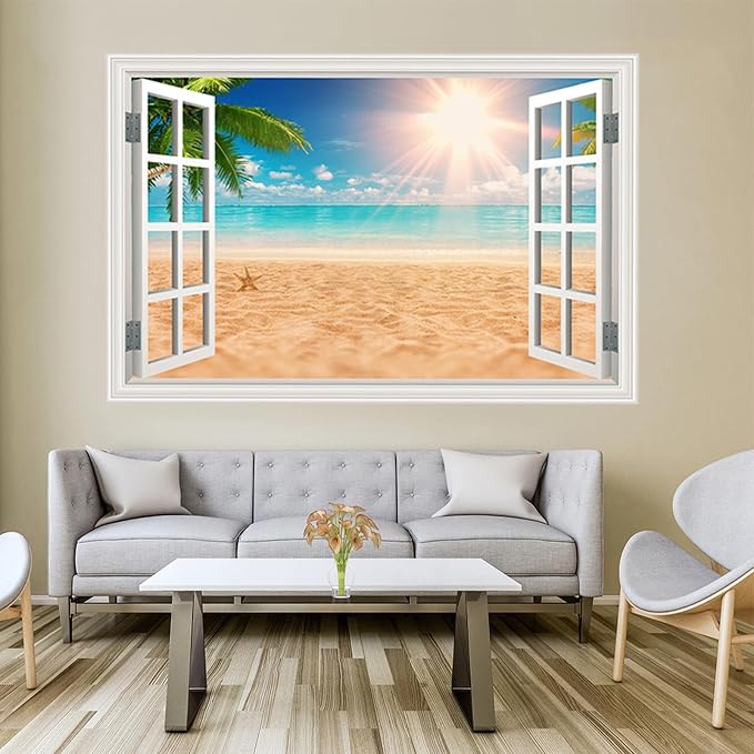 Fake Window Wall Decal- Summer Beach Ocean Palm Tree Open Wall Art Sticker | Faux Window Natural Scenery Landscape Mural ｜ Stick and Peel Wall Decals｜Room Bedroom Office Decor｜48"x32",Set of 2 Sheets - Image 8