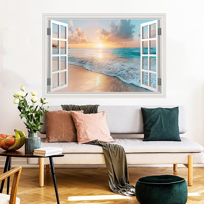 Fake Window Wall Mural Sunset Beach Scene, 24" x 16" | Faux Window Wall Sticker, Peel and Stick, For Office Home Room Decor, Art Poster - Image 4
