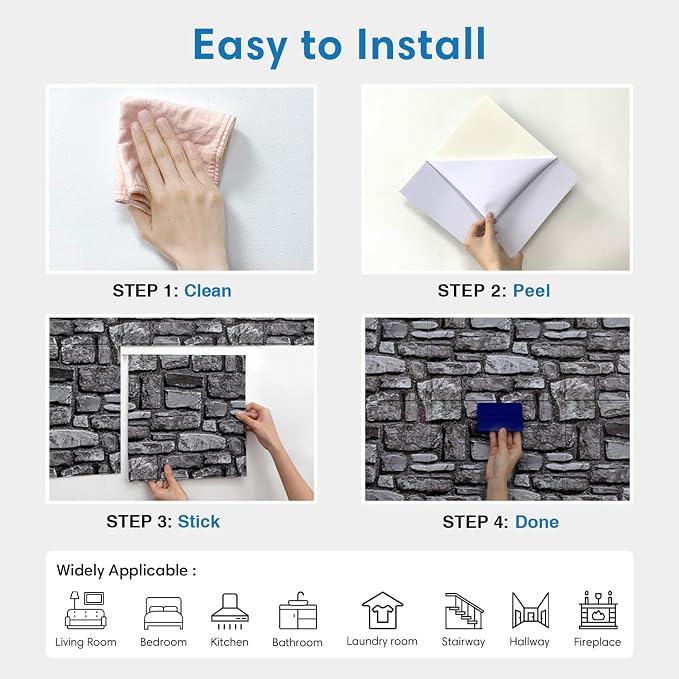 COMSTICKC 3D Faux Stone Wall Panels Peel and Stick, 10 Pcs 11.8" x 11.8" | Dark Gray, Not Real Stone, Ultra-Light Thin PVC 3D Fake Rock Wall Sticker Covering for DIY Interior Decor, Cover 9.7 sq ft - Image 8