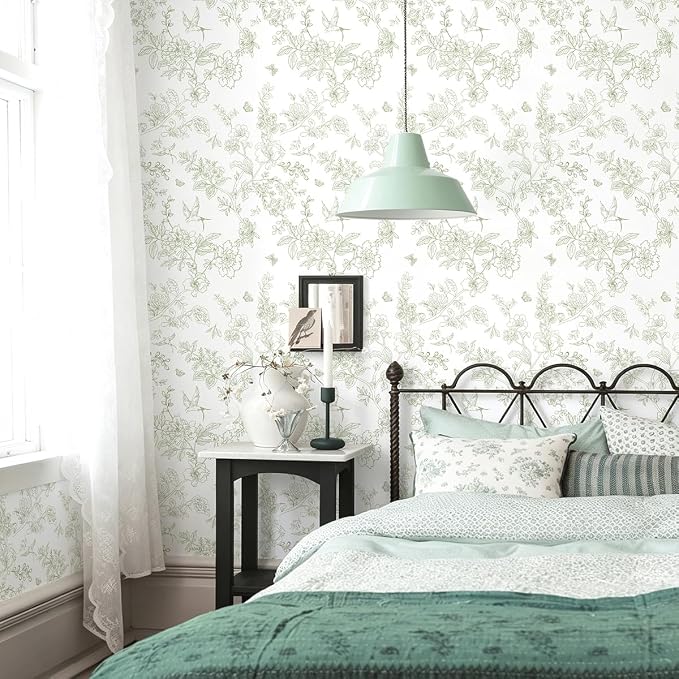 Froluya Green and White Peel and Stick Floral Wallpaper 17.7in×196.8in | Boho Floral Self Adhesive Wallpaper Vintage Flower Bird Removable Contact Paper for Bathroom Shelf Liner Cabinets Vinyl - Image 2