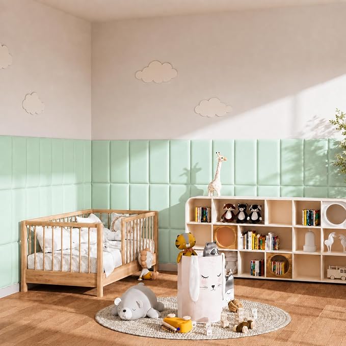 Anti Collision Wall Padding for Kids, Upholstered 3D Wall Panels | 4 Packs 7.8'' x 15.7'' Peel and Stick Headboard, Self Adhesive Wall Pads for Kids, Bedroom, Living Room, Pale Green - Image 5