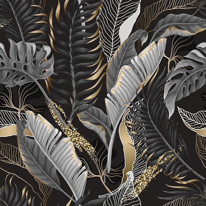MuralPeel Black Gold Tropical Plant Leaf Modern Dark/Black/Grey Peel and Stick Wallpaper Self Adhesive Removable Easy Peel Off Contact Stick on Wall Paper for Bedroom Renter by MuralPeel