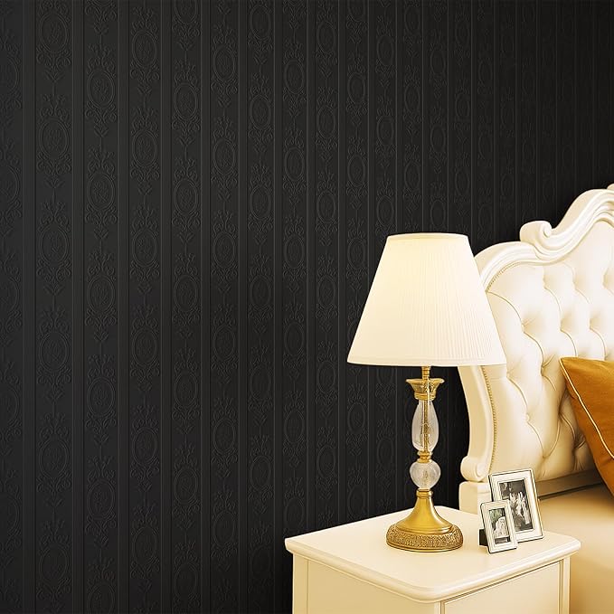 JiffDiff Black 3D Embossed Textured Peel Stick Wallpaper 17.3"x400" | Removable Renter Friendly Contact Paper, Waterproof Self Adhesive Wallpaper for Bedroom, Bathroom, Decor,48 sq. - Image 6
