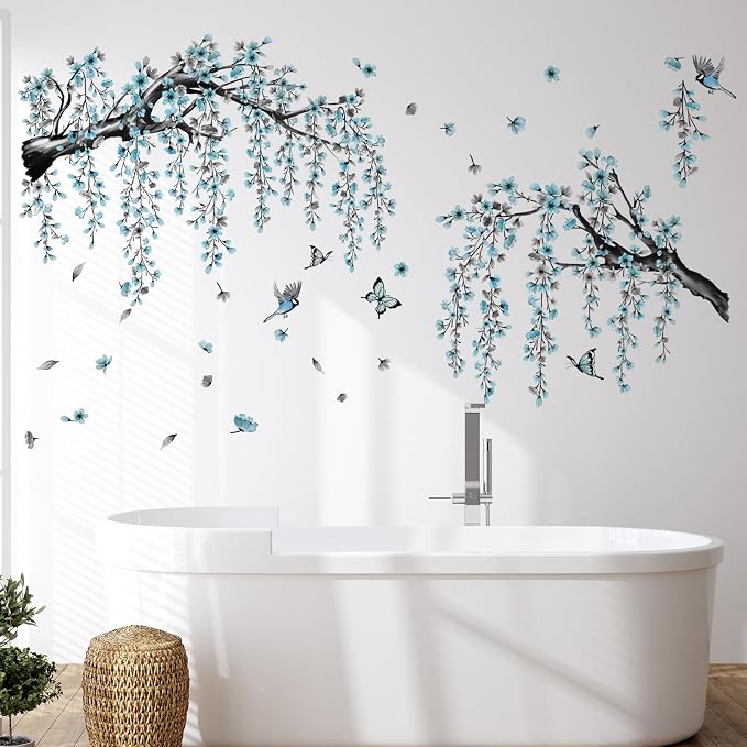 Blue Cherry Blossom Wall Stickers, Spring Watercolor Blue Flower Tree Wall Decals Bird Butterfly Peel and Stick Wall Murals Decor for TV Background Living Room Bedroom (Ink Blue) - Image 5