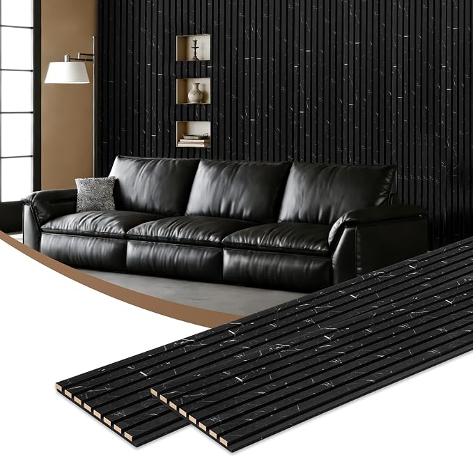 Wood Slatwall Panels, 2 Pack 94.5"x12.6"(16.5ft²) Acoustic Wall Panels | Wood Slat Acoustic Panels for Noise Cancelling and Home Decor, Living Room, Bedroom, Office, Black Marble - Image 2