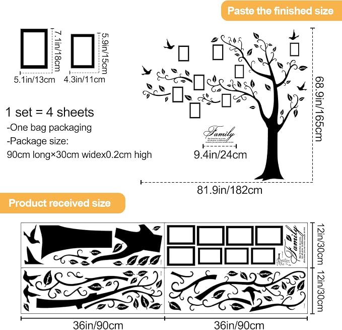 Large Family Photo Tree Wall Sticker 3D Peel and Stick Vinyl Photo Frame Tree Wall Decals Removable Quotes Leaf and Birds Wall Decor for Home Kids Bedroom Living Room Classroom Nursery (Left, Black) - Image 2