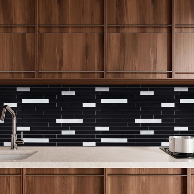 Yipscazo 10 Sheets Peel and Stick Stone Metal Tile Backsplash, Stick on Tiles for Backsplash Kitchen, Bathroom, Laundry Room, Camper, Fireplace (12'' X 12'', Polished Pure Black) - Image 5