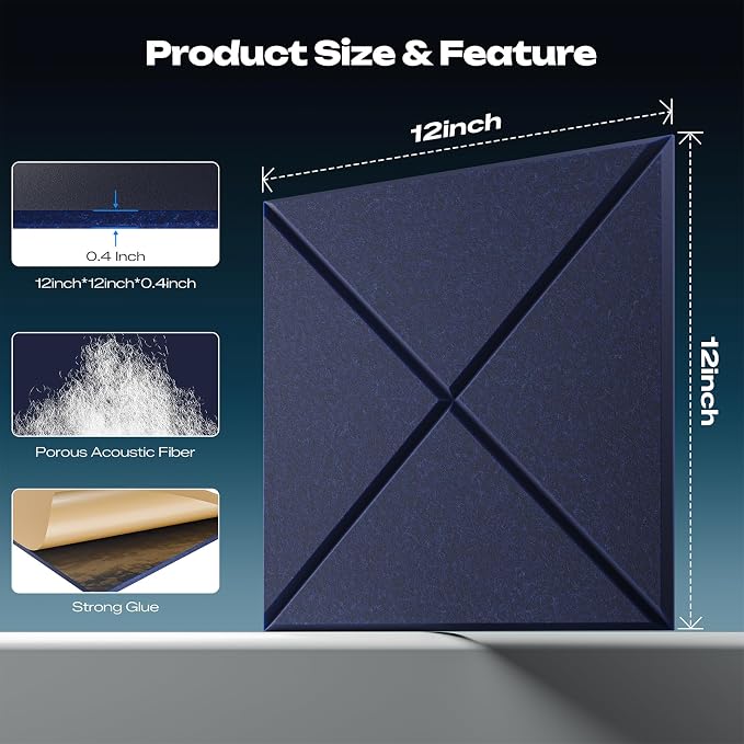 Sonicism 22 Pack X-Lined Acoustic Panels with Self-Adhesive, 12"X 12"X 0.4" Sound Proof Foam Panels, Decorative Soundproof Wall Panels, Sound Absorbing Tile for Home & Offices, Dark Blue - Image 2