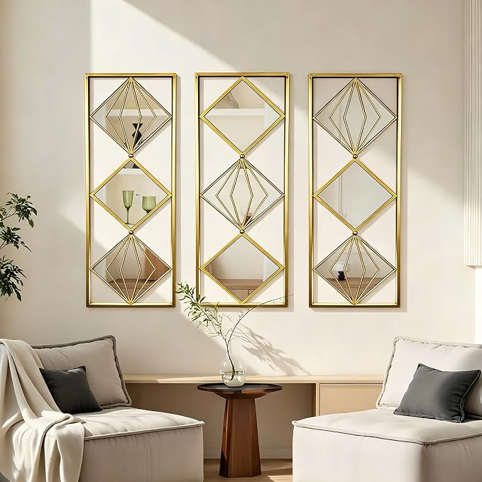 Set of 3 Large Gold wall Mirror Decor, Gold Rust Resistant Metal Frame Decorative Mirror, Rectangula Layout Wall Mount Mirror for Living Room Bedroom Entryway, Dual Use Decor Grooming - Image 3