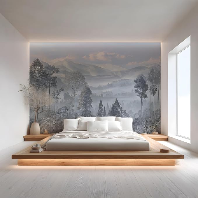 ASJ Forest Peel and Stick Wallpaper Mural, Misty Mountain Light Blue | Seamless edge-to-edge match. Dusty blue grey nature artwork, 157x98 in, premium fabric, living room bedroom. - Image 4